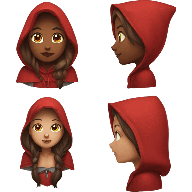 Red riding hood  wearing on her head with very red hood and big light green eyes long brown hair with hightlights emoji