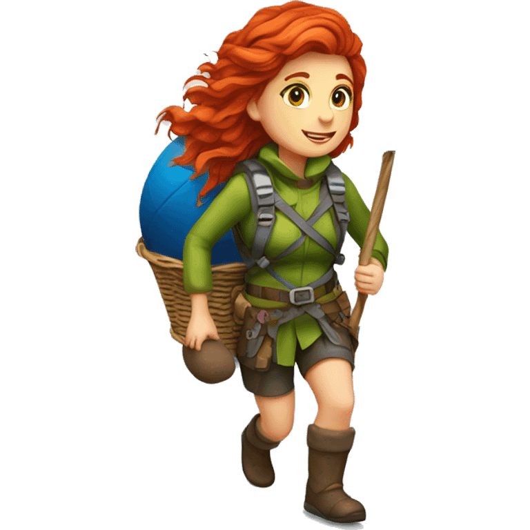 red hair female winter mountaineer climbing with Easter eggsbasket and Greek flag emoji