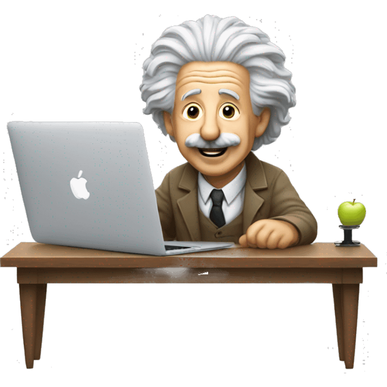 albert einstein happy sitting in the chair with apple macbook emoji