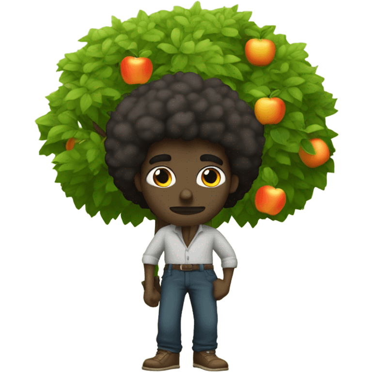 dark skinned man with afro hair with baggy pants smoking an orange under an apple tree emoji