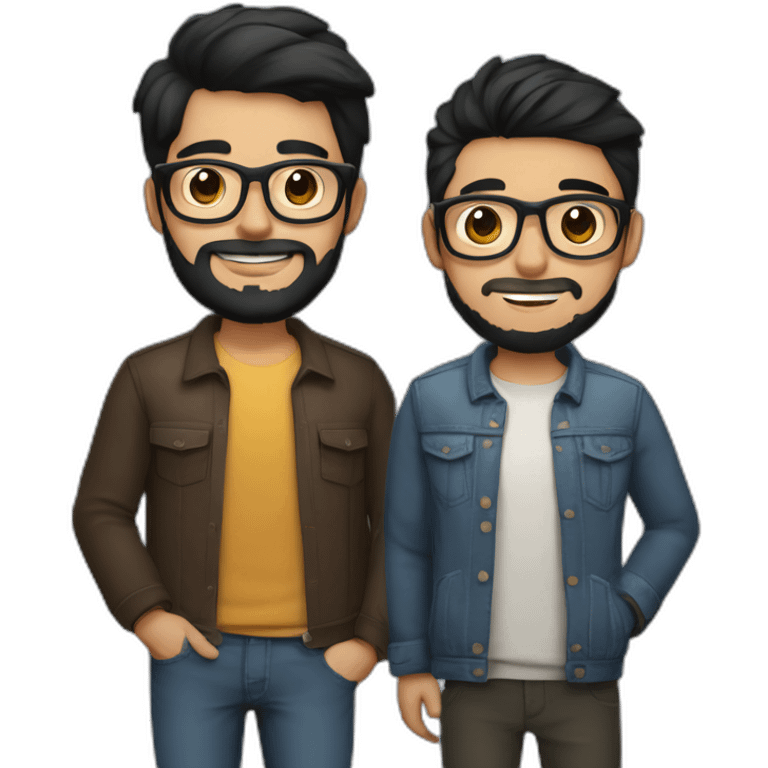 Gay couple of a 32 years old Colombian man with beard and glasses, black hair and brown holding hand with a Vietnamese man, 21 years old, no beard, with glasses emoji