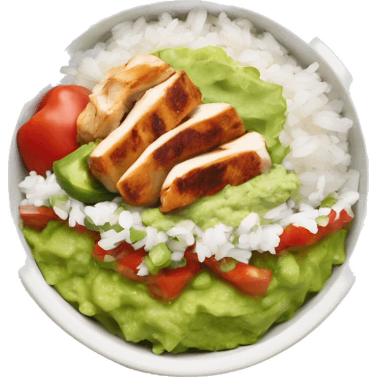 Chipotle bowl with white rice, chicken, guacamole, salsa, lettuce and peppers emoji