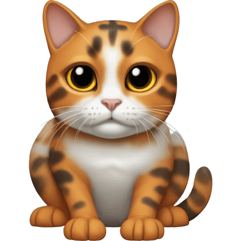 turtleshell cat, one side of her face orange the other side black, a white mouth and strip between the eyes, a small orange patch under mouth, belly is white and paws are white, black front legs orange back legs and the rest of her body is turtleshell emoji