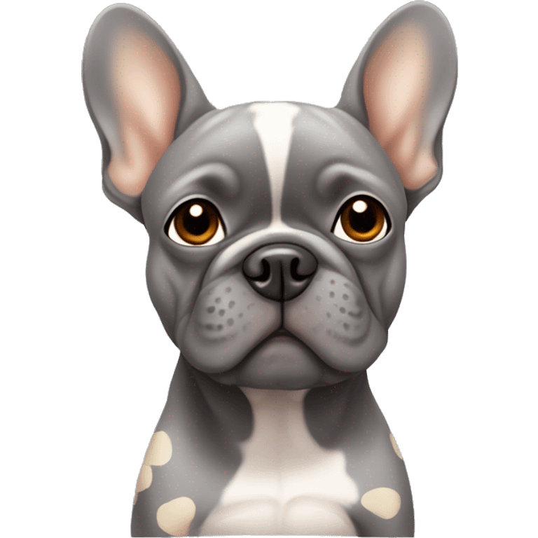 Grey Frenchie with tan spots, one ear floppy emoji