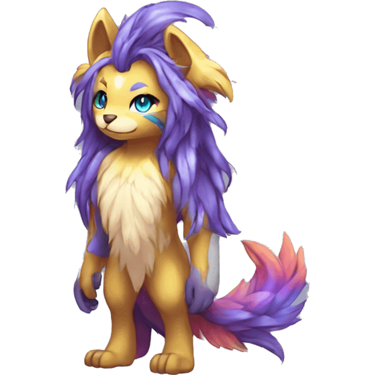 Anthro Sona Cool Edgy Cute Legendary Colorful Shy Shiny Fakemon-Fantasy-Creature With Long Hair-Mane Full Body Detailed High Quality emoji