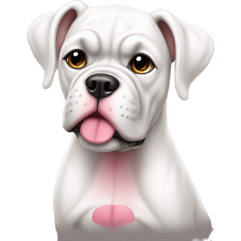 Sitting white boxer dog with pink nose emoji