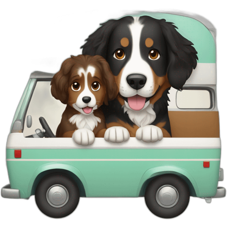 bernese mountain dog driving a camper with a brown hair girl emoji