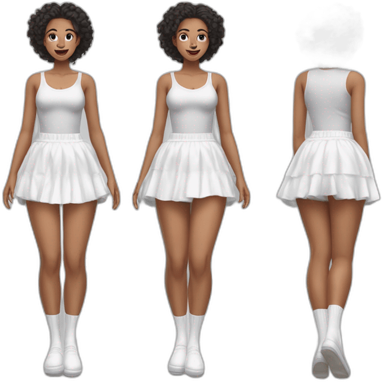 Hyperrealistic Full body Caucasian curvy beauty jumping short white skirt back and front views strong wind knickers long white socks emoji