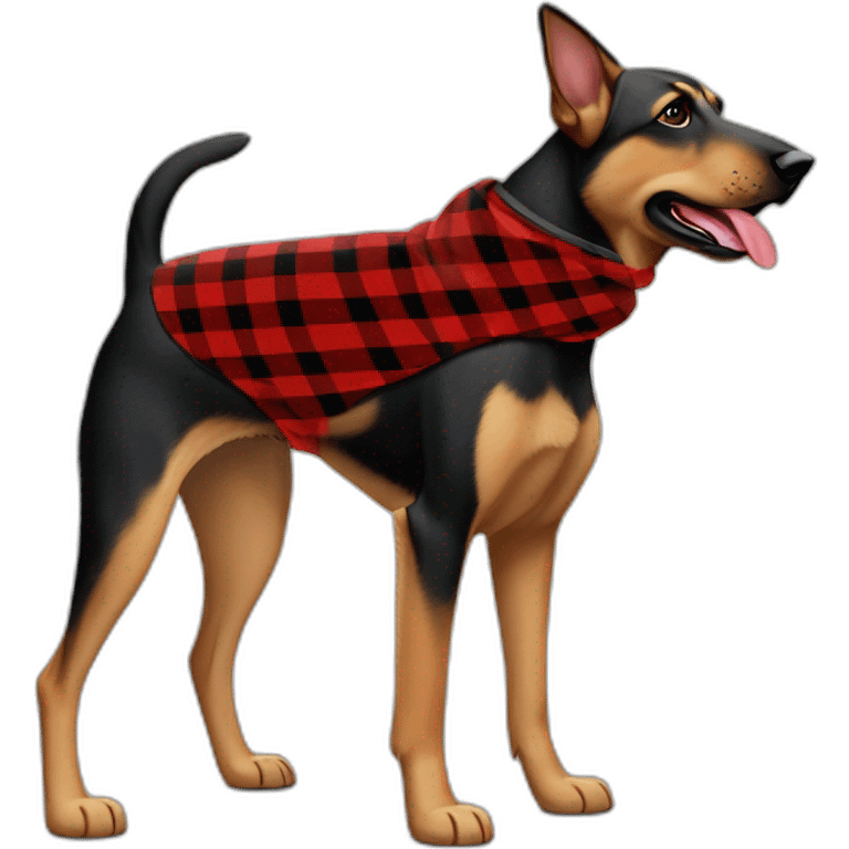 75% Coonhound 25% German Shepherd mix dog wearing small pointed red buffalo plaid bandana pointing down side view full body facing left emoji