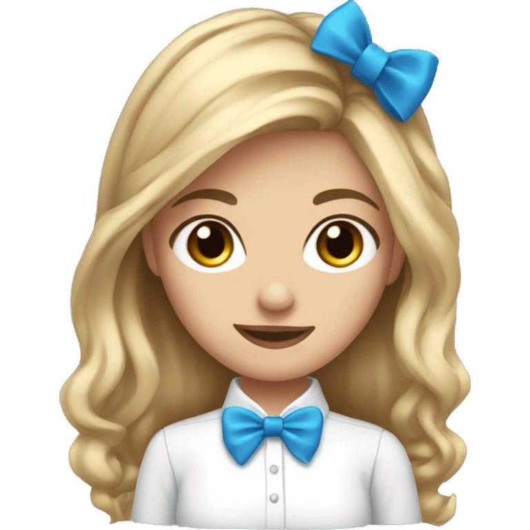 Girl with dirty blonde hair, blue eyes, bow in hair, white shirt emoji