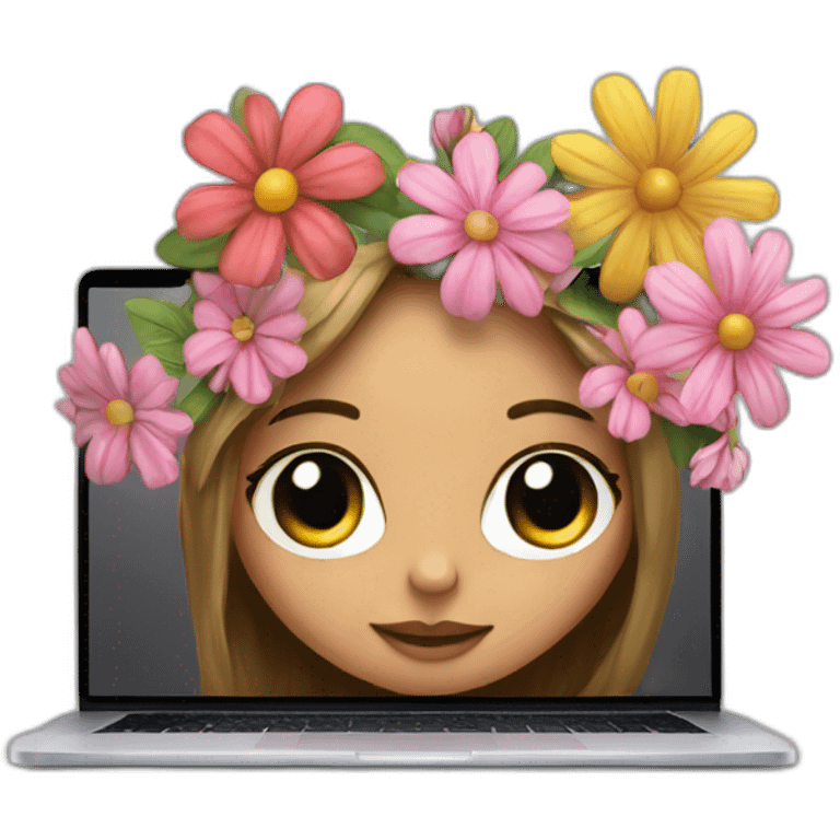 flowers popping out of a macbook while a cool girl is working emoji