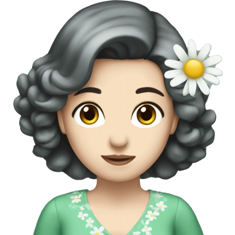  I need to have a woman emoji, dark hair and eyes, pale skin. Wearing a V-LINE dress in green/blue with daisies.  emoji