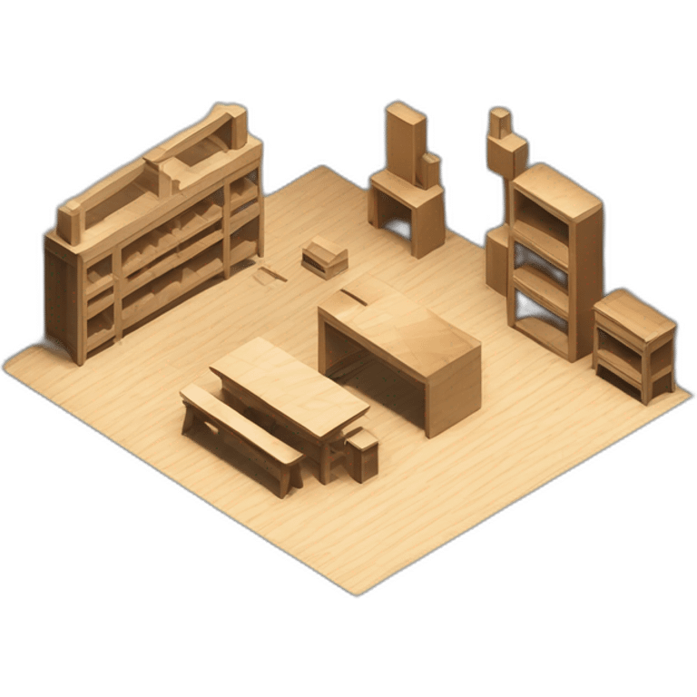 isometric square solid outline border box containing indoor creative workshop factory woodworking metalworking people actively working cnc machine tools simple clean industrial brutalist emoji