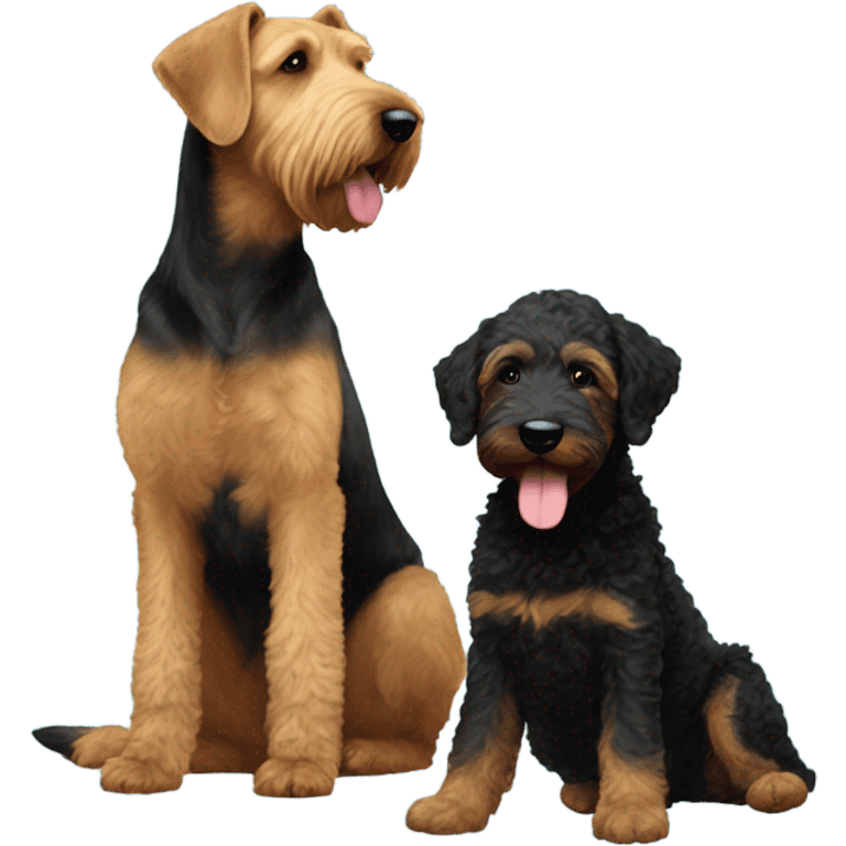 Airedale and black golden doodle playing with bubbles emoji