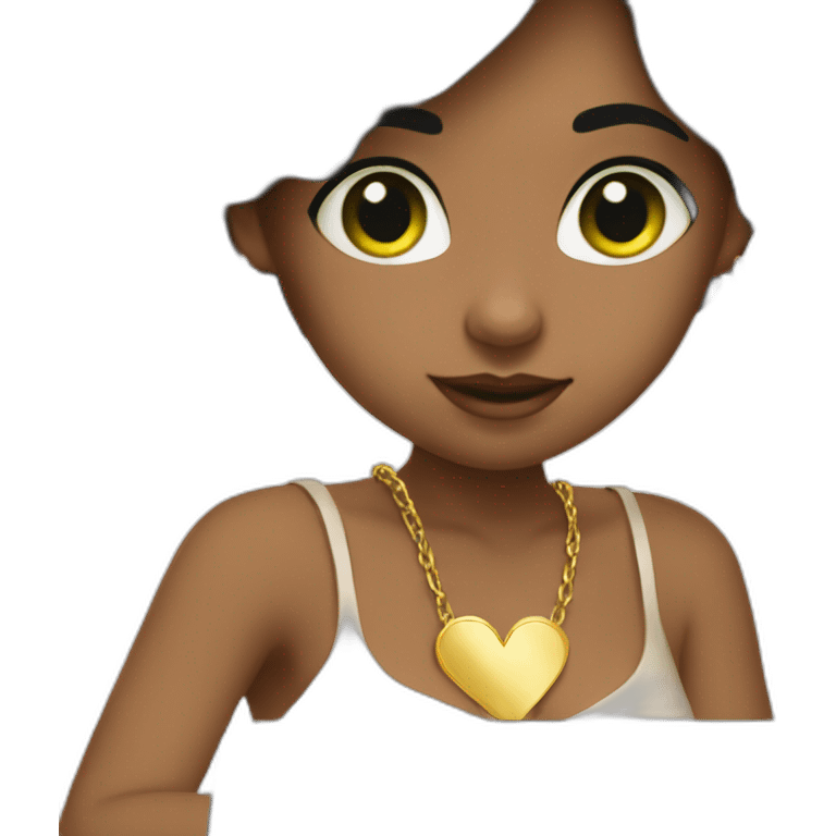 a girl with shoulder length black hair, big ears, green eyes, and a gold heart necklace working on a laptop emoji