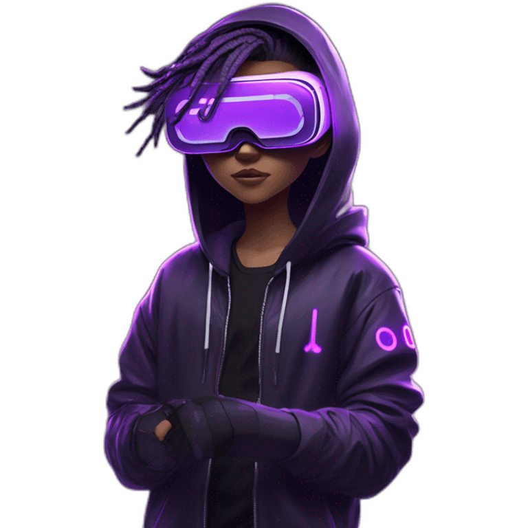 Cyberpunk style. Violet neon. boy with white-light skin in the black hoody with violet OMG VR logo on it wearing vr headset oculus quest 2 emoji