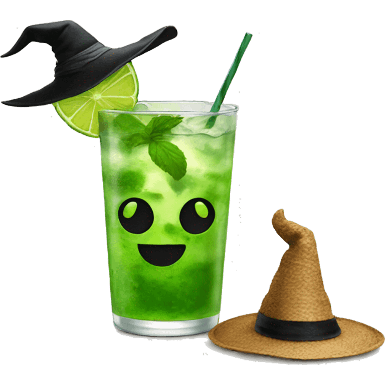 Mojito with witch hat sitting next to cup emoji