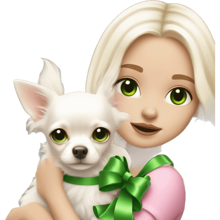 pale blond yt girl with wavy long platinum white hair with bright green eyes holding a white chihuahua puppy that wearing a pink bow emoji