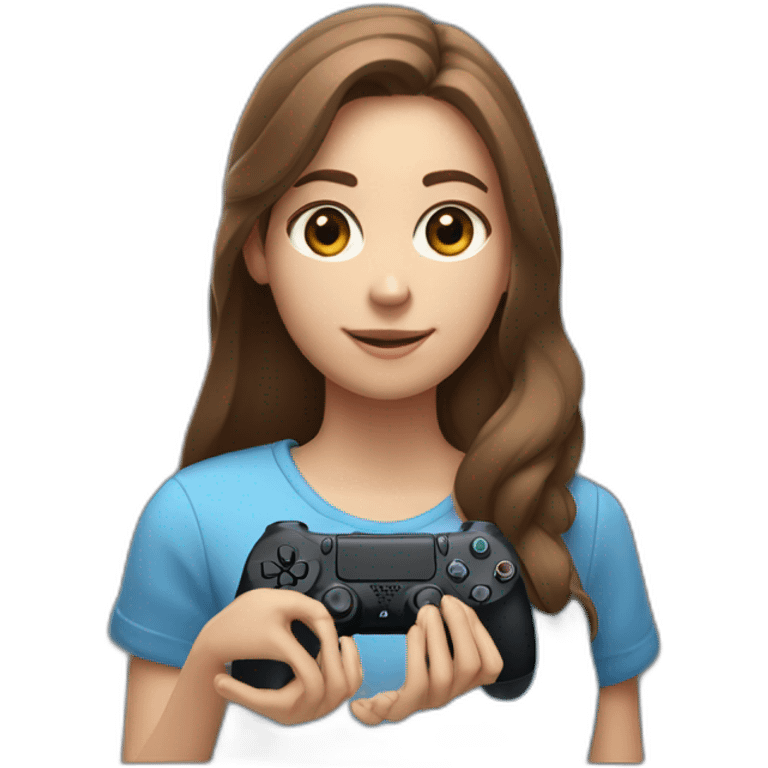 Caucasian Girl with long Brown hair holding the back of a playstation 4 controller looking at a screen emoji