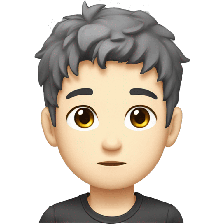 logo illustrated boy  bored face, chibi anime style, head and shoulders only, light brown eyes, short black and gray hair, dark gray polo shirt emoji