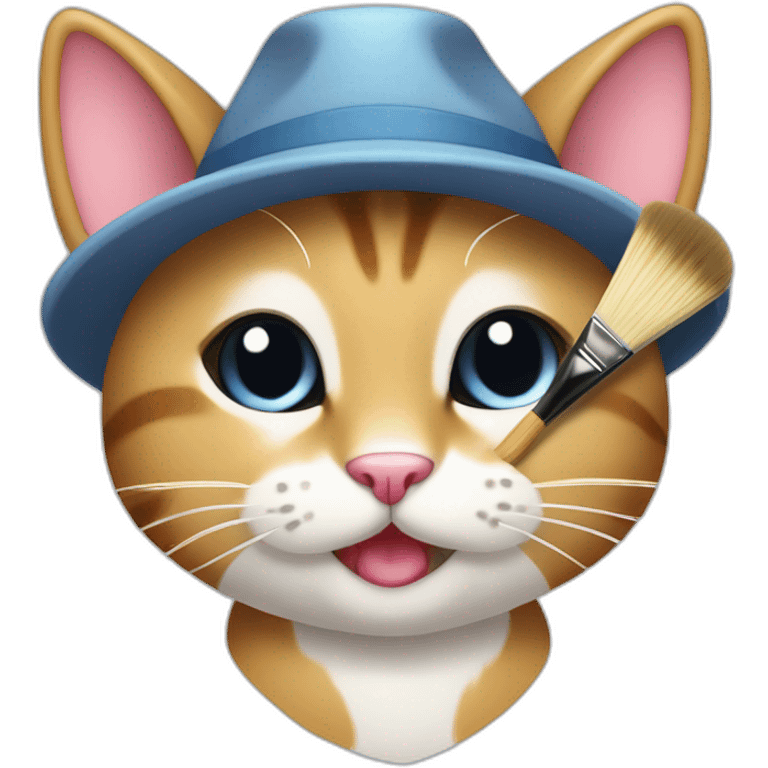 Kawaii cat artist in hat with palette and brush so it can be used as a mouse cursor emoji