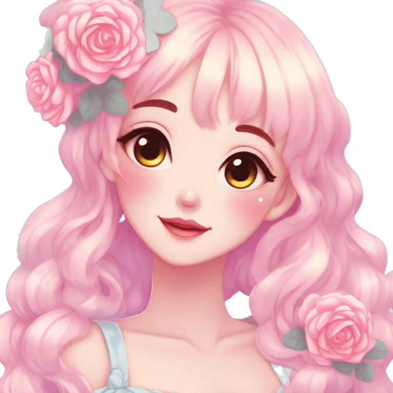 Gorgeous pastel anime style lady with blushing face and roses cottagecore fairycore pastelcore shiny colorful pearly aesthetic trending style emoji