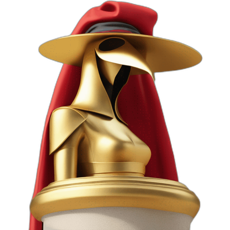 distant view of an abstract renaissance color sculpture of a female figure with a red plague doctor mask on her face standing on a golden greek ancient style column, 4K resolution emoji