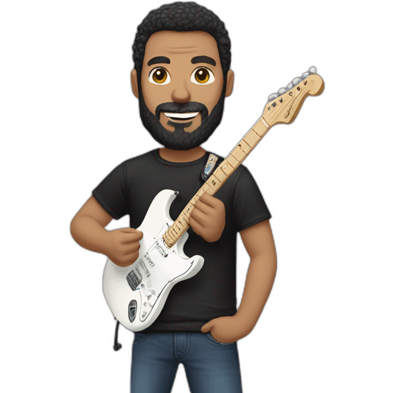 white man with dark beard and black t shirt and pastel pink stratocaster electric guitar emoji