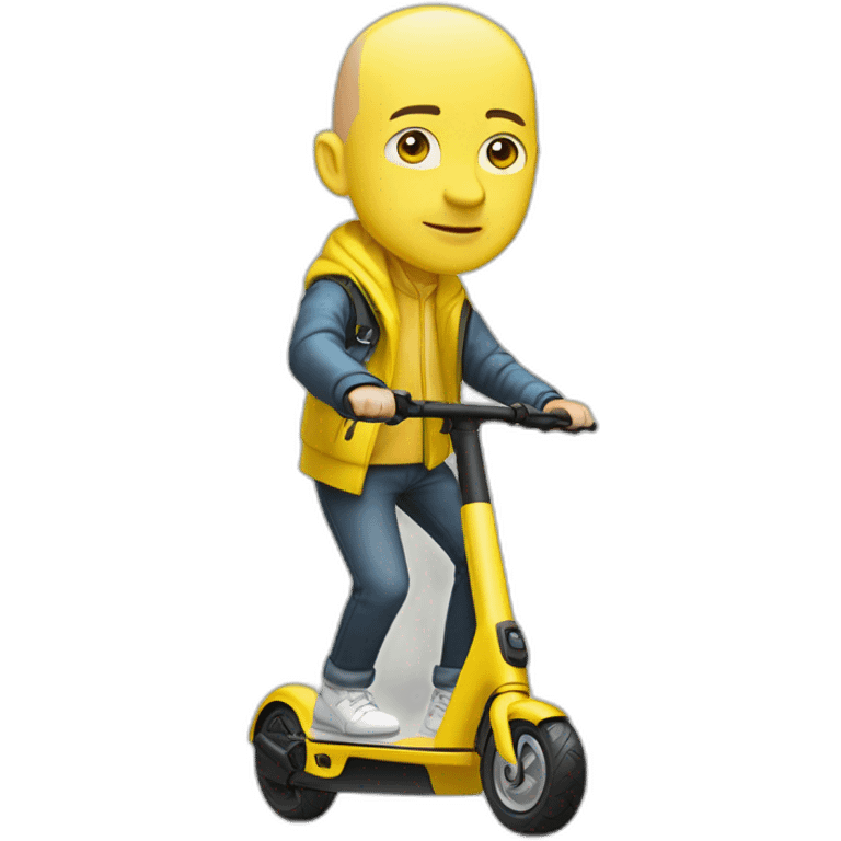 bald man with a flashy yellow cycling helmet on a xiaomi e-scooter whearing a security yellow jacket emoji