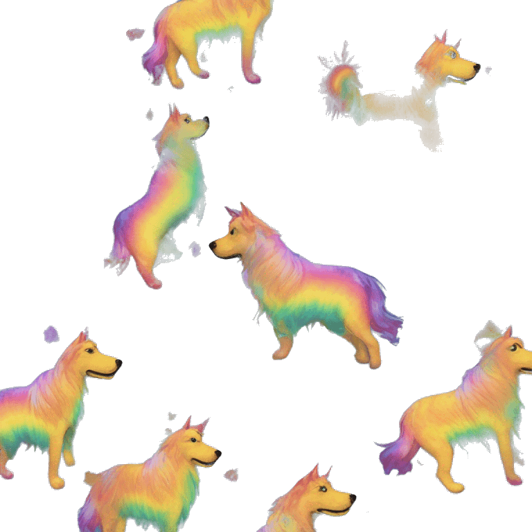 Multicolored rainbow retro groovy tie dye hippie trippy floral patterns on a metallic holographic iridescent blue dog face head unicorn emoji