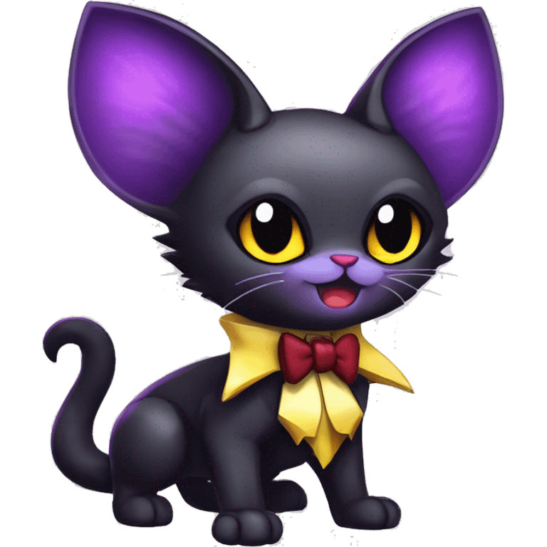 Cute-Evil-Vampiric-Batty-Cat-Black-Purple-Red-Yellow-Contrast-Colors-Fantasy-Fur-Sona-Chibi-Shiny-Fakémon-Hybrid with horns and big fangs neck bow white tie leg spats full body emoji