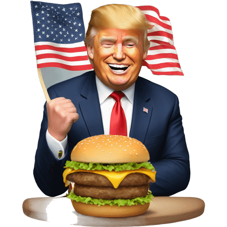 US President Trump happily eats a burger emoji