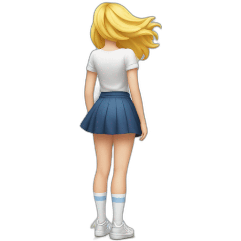 full body back view curvy caucasian beauty in small skirt lifted by the wind butt white socks emoji