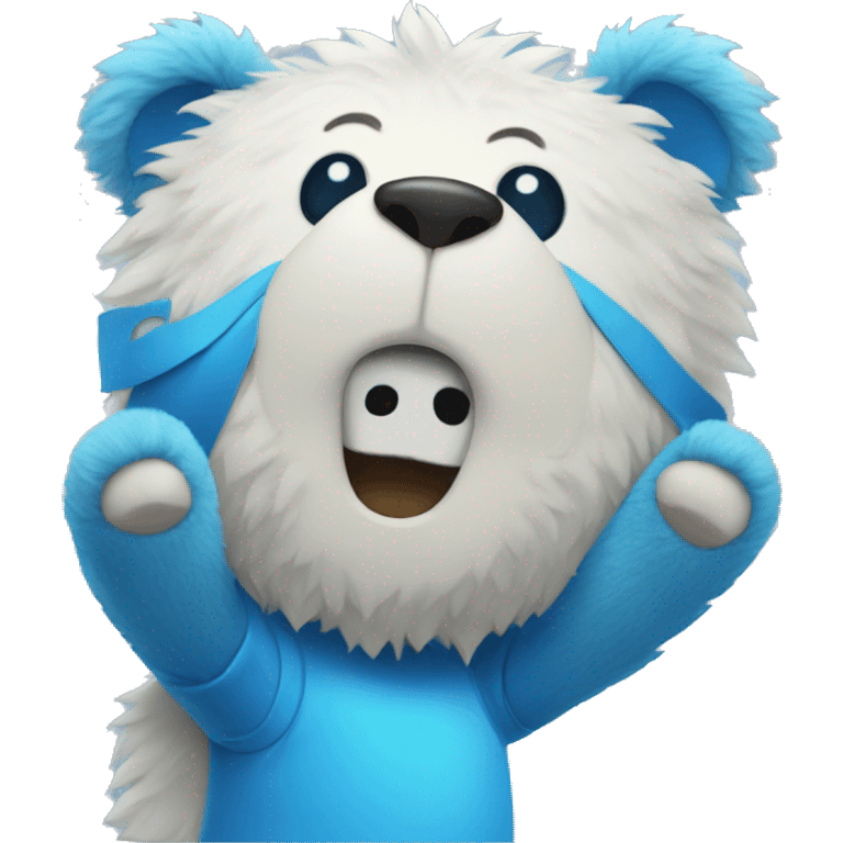 Blue fuzzy bear wearing a gaming shirt waving  emoji