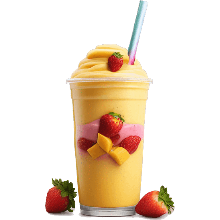 a mix smoothie with 3 layors strawberry smotthie on top mango smoothie in the middle and mango chunks at the botto emoji