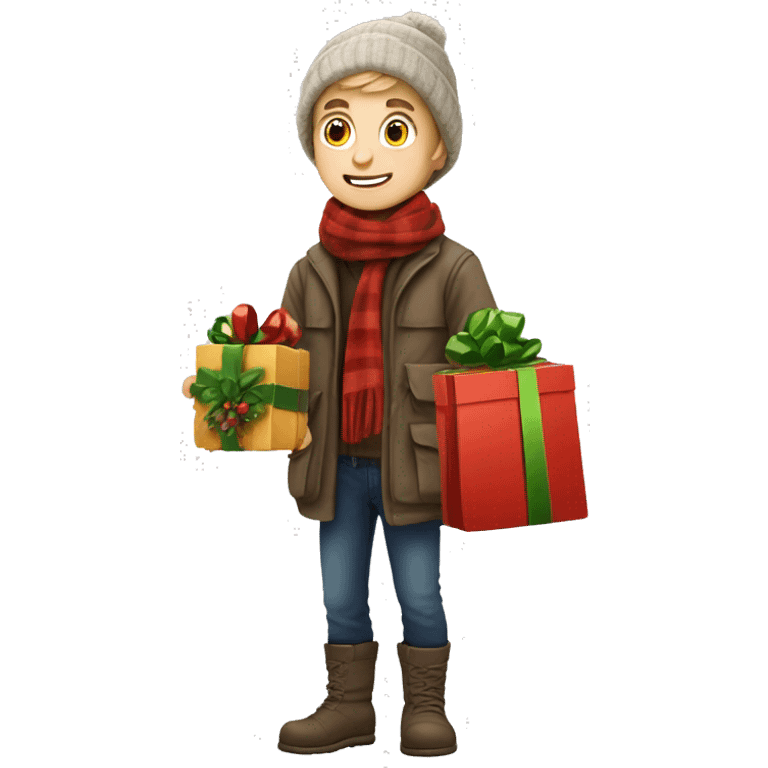 German boy going christmas shopping, buying a lot of gifts, wearing warm clothes emoji