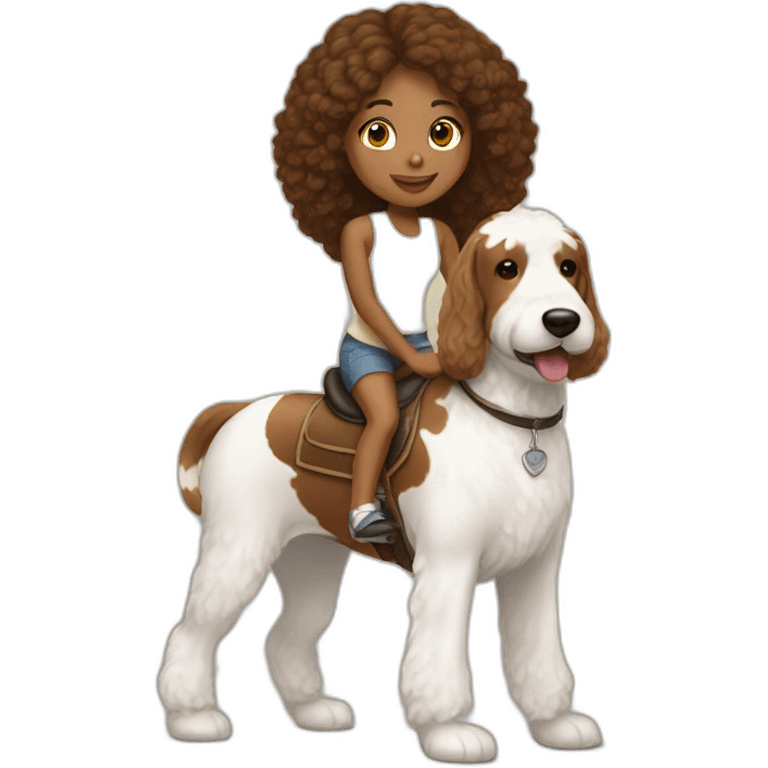 Brown girl straight hair riding a tan and white bernadoodle emoji