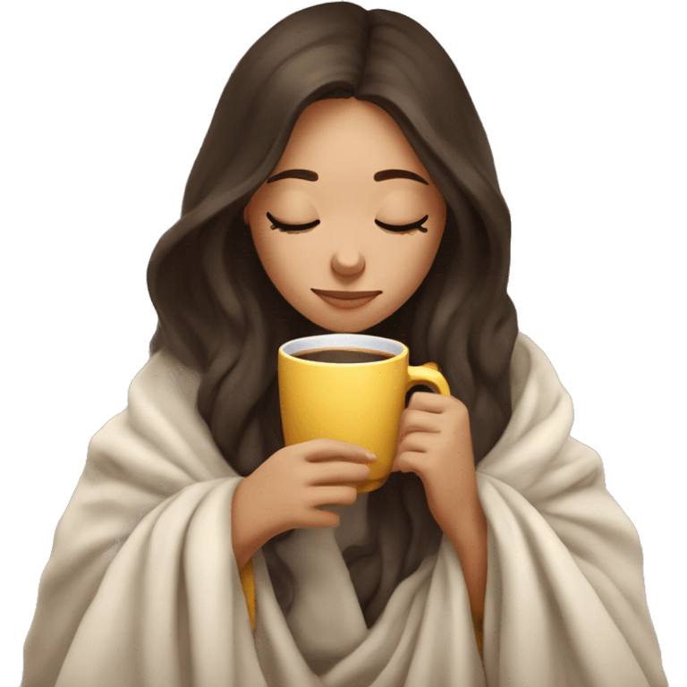 girl brunette inside a blanket sipping coffee eyes closed emoji