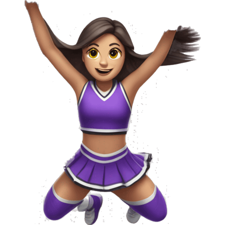 Caucasian cheerleader with long dark brown hair, jumping and holding up two purple Pom poms, small full body emoji emoji