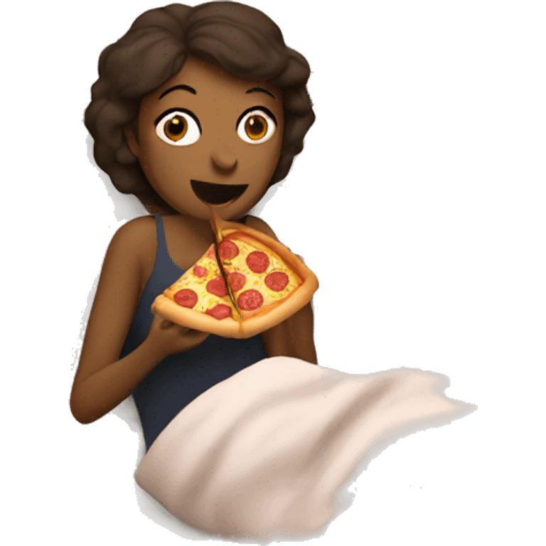 Woman eating pizza in bed  emoji