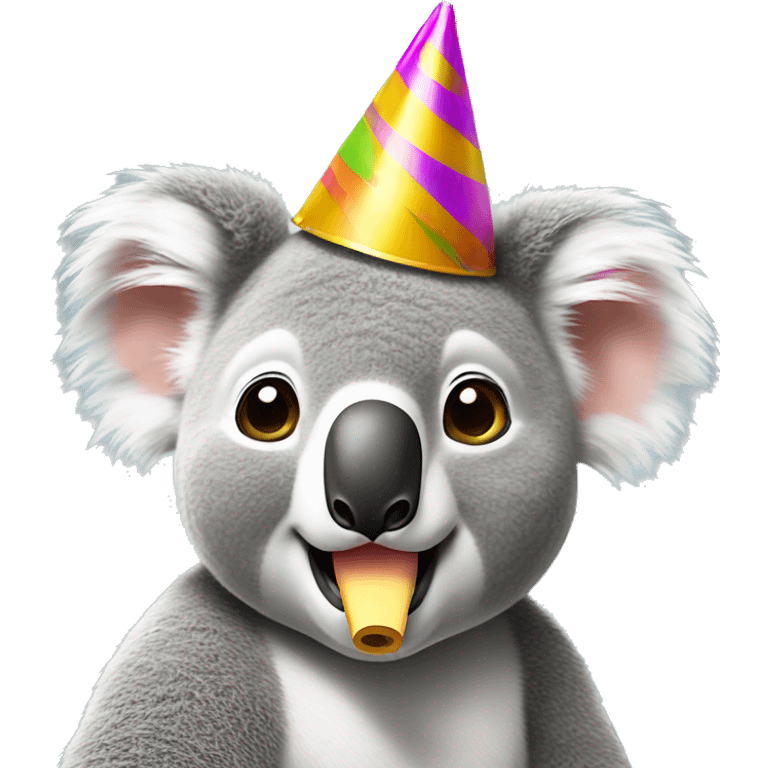 A koala in a party hat blowing a party whistle emoji