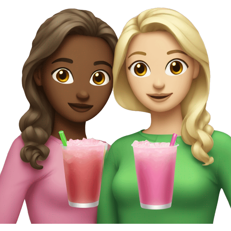 Brown haired girl and blonde haired girl holding pink and green drinks emoji