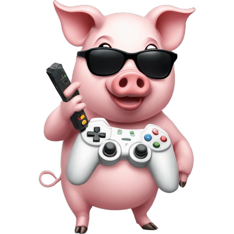 a pig with a video game controller wearing sunglasses emoji