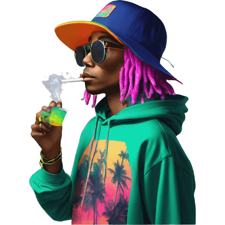 Multicoloured neon person smoking wearing hoodie dancing hip hop bucket hat tropical Skater fashion aesthetic baggy clothes graphic t shirt 420 emoji