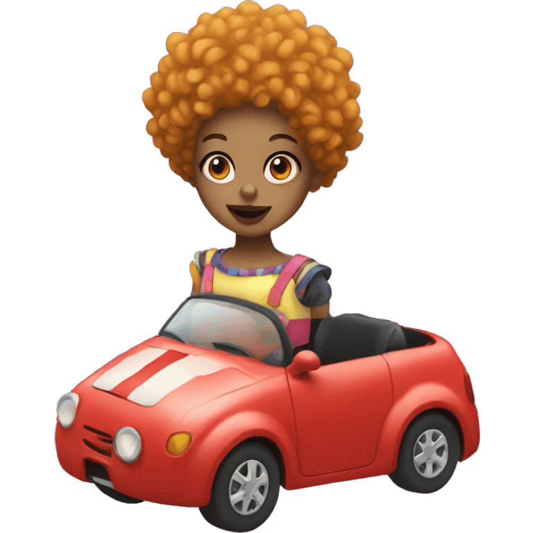 girl with curly hair that is dressed a clown with a clown nose driving small car emoji