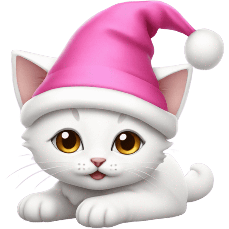 Cute White kitten wearing pink Santa hat and pink Santa clothes emoji