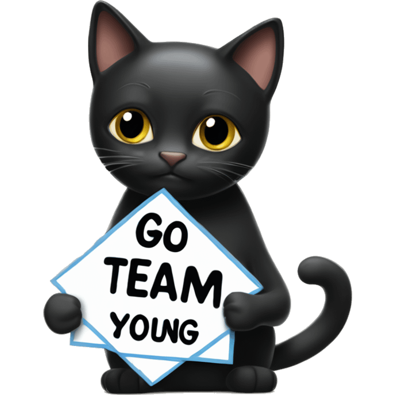 Black cat holding a sign that says “go team young Sheldon” emoji