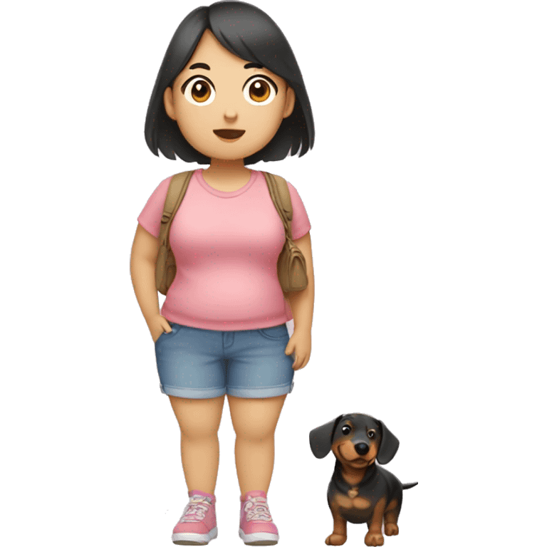 Short chubby asian girl wearing shorts and crocs holding a dachsund emoji