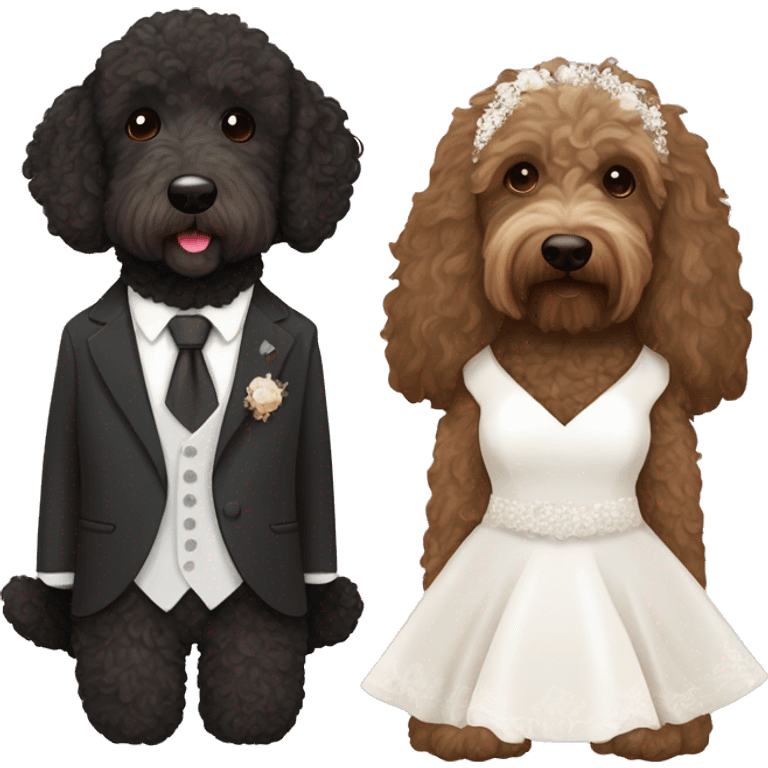 Black and brown bernadoodle in wedding dress and dark brown Australian labradoodle in suit emoji