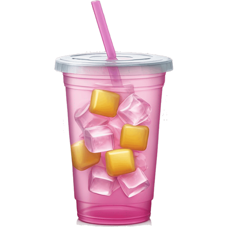 Realistic plastic cup and lid with Transluscent light pink soda and large ice cubes inside and one straw through the top of the lid. emoji